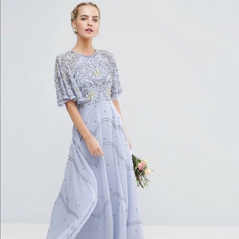 ASOS Wedding Embellished Floral Flutter Sleeve Maxi Dress in Blue